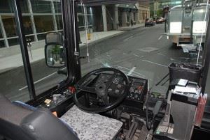 Inside of bus from behind drivers seat